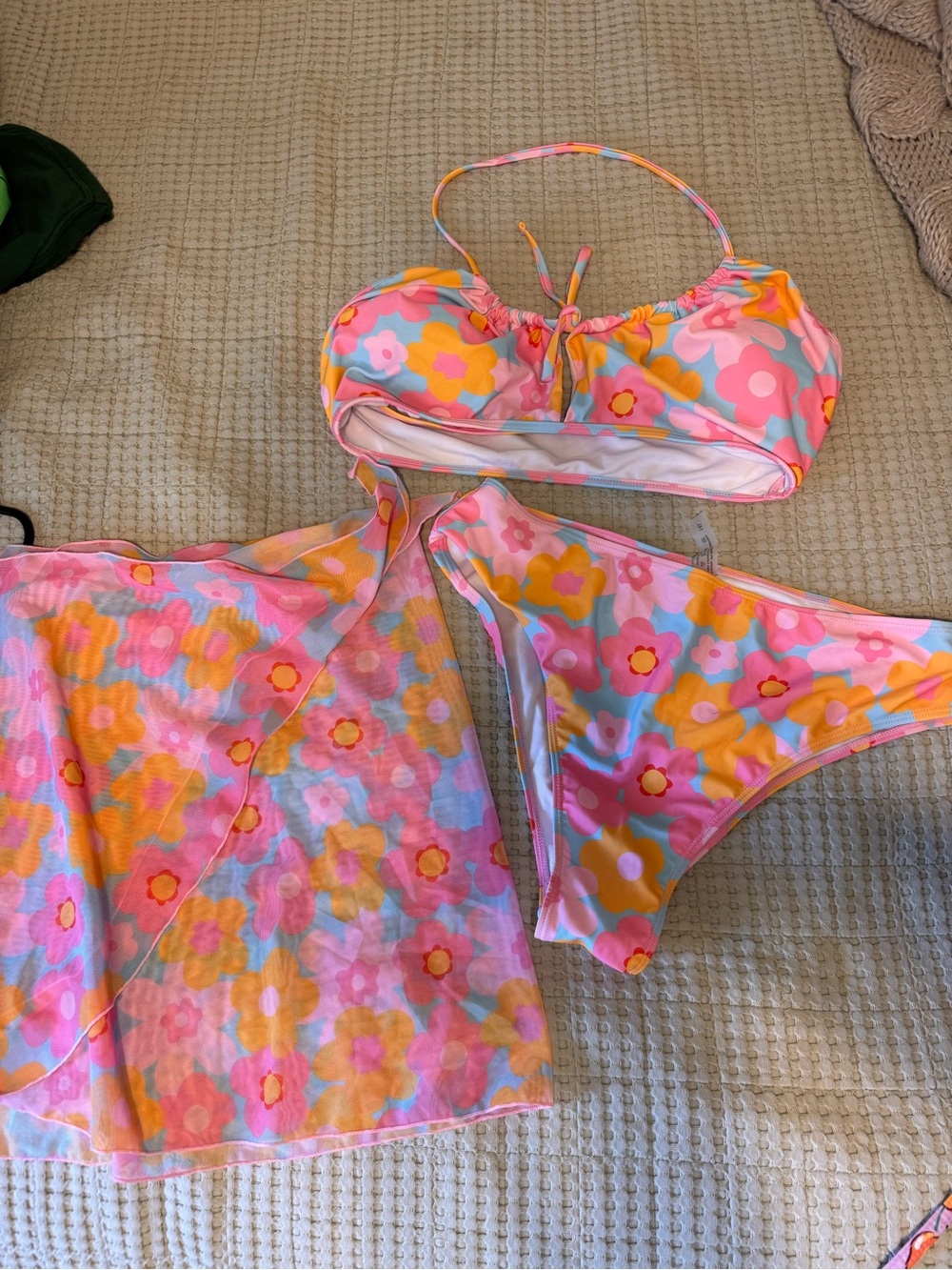 Polly Pocket Inspired Floral Pink & Orange Bikini Set with Matching Cover-Up